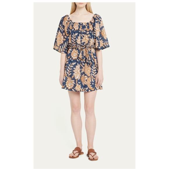 Figue $548 Piper Floral Print Belted Short Dress Sz XS Blue Gold Kaftan - Picture 1 of 7